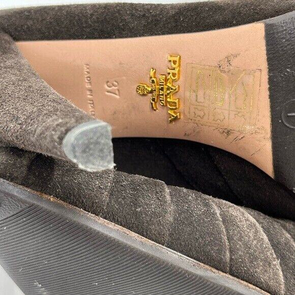 Prada Vintage Brown Suede Pumps Heels Size 37/6.5 With Toe Taps Cone Pleats Sole - Picture 13 of 16